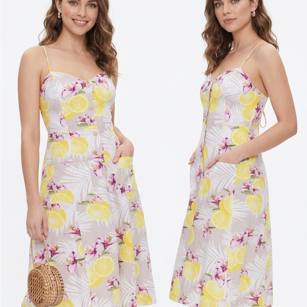 Lemon Floral Midi Linen Blend Dress - Picture 9 of 13
